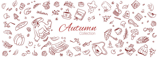Hello Autumn collection with fall symbols. Set of autumn elements: leaves, coffee, tea, sweater, boots, vegetables, mushrooms. Hand-drawn Vector illustration in doodle  sketch style.