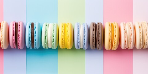 Pastel macaron or macaroon on pastel background from above, vintage card, generative ai