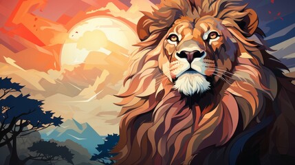 An anime-style cartoon painting of a majestic lion basking in the warm glow of a breathtaking sunset illustrates the beauty and wildness of the animal kingdom - obrazy, fototapety, plakaty
