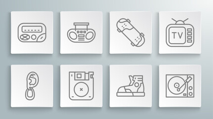 Set line Ear with earring, Home stereo two speakers, Floppy disk, Sport sneakers, Vinyl player, Skateboard trick, Retro tv and Pager icon. Vector