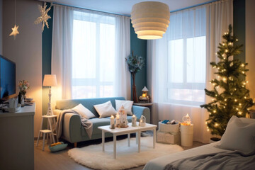 Cozy small living room in light gray-blue colors with Christmas tree. Window, cozy sofa, carpet. New Year or Christmas decorated interior. Horizontal format. Generated AI.