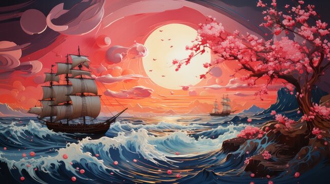 A captivating painting of a majestic ship gliding through an endless ocean, depicting the beauty and power of man's transportation on the wild and mysterious waters