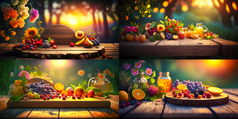 The wooden table adds a rustic and natural element to the composition. Fruits create a bright and colorful accent. The defocused bokeh lights create a dreamy and magical atmosphere.
