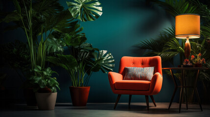 Fototapeta na wymiar Minimalist interior with armchair, blank wall for copy space. Mockup modern living room