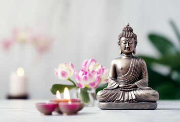 Serene Buddha figurine on a table amidst soft candlelight, surrounded by lotus blooms in a tranquil spa room. Aromatherapy and meditation concept. Copy space