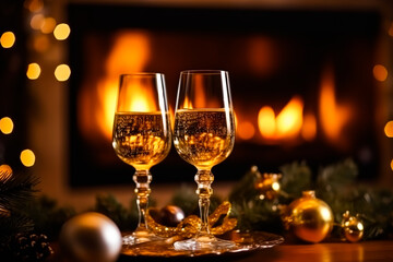 Sparkling wine, proseco or champagne in front of a fireplace on a holiday eve celebration, Merry Christmas, Happy New Year and Happy Holidays