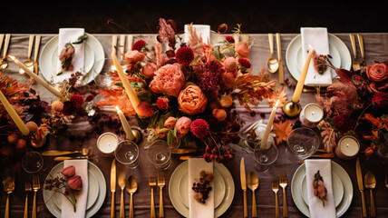 Autumn holiday tablescape, formal dinner table setting, table scape with elegant autumnal floral decor for wedding party and event decoration