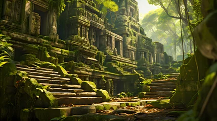 Papier Peint Lavable Lieu de culte a lost overgrown temple in the jungle (Generative AI)