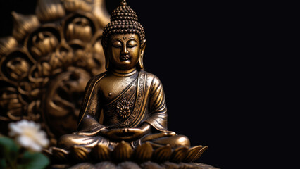 Buddha golden, Brass statue decorated with lotus blossoms on a black background. Meditation and zen concept. Banner. Copy space