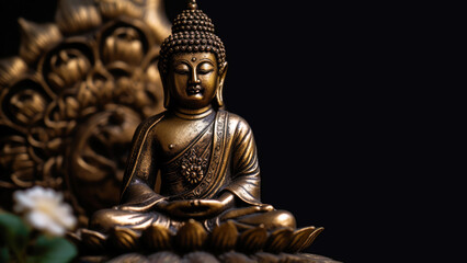 Fototapeta premium Buddha golden, Brass statue decorated with lotus blossoms on a black background. Meditation and zen concept. Banner. Copy space