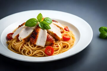 Delicious chicken and pasta dish placed on sleek gray background