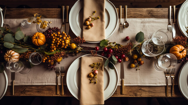 Autumn holiday tablescape, formal dinner table setting, table scape with elegant autumnal floral decor for wedding party and event decoration