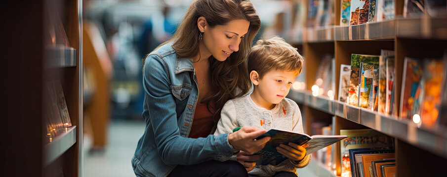 Child with mom choose book in bookstore, in the library. Generative AI