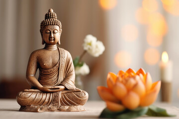 Buddha statue on a table, lotus flowers on the background. The scene evokes tranquility and spiritual mindfulness. Copy space