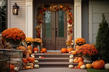Seasonal Welcome: Front Door with Decorative Pumpkins