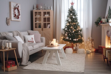 Fototapeta na wymiar Small cozy living room in light colors decorated for Christmas. Window, fireplace, cozy sofa, carpet. New Year or Christmas decorated interior. Horizontal format. Generated AI.