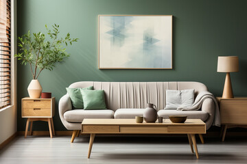 Warm and cozy composition of a spring living room interior with a mock-up poster frame, white sofa, green plant stand, plants, Stylish lamp. Home decor background.