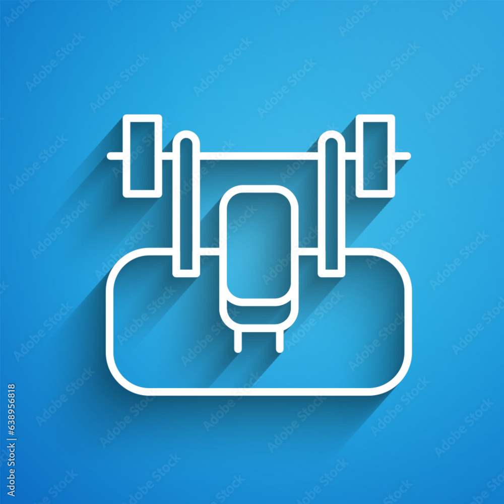 Poster white line bench with barbel icon isolated on blue background. gym equipment. bodybuilding, powerlif