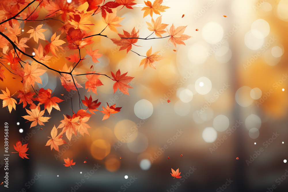 Wall mural autumn leaves and sunlight background with copy space for text: red and yellow maple leaves with sof