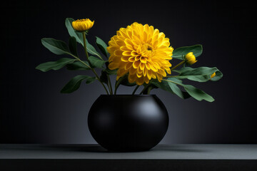 A beautiful black vase with a yellow flower and green leaves on a dark background. generative ai
