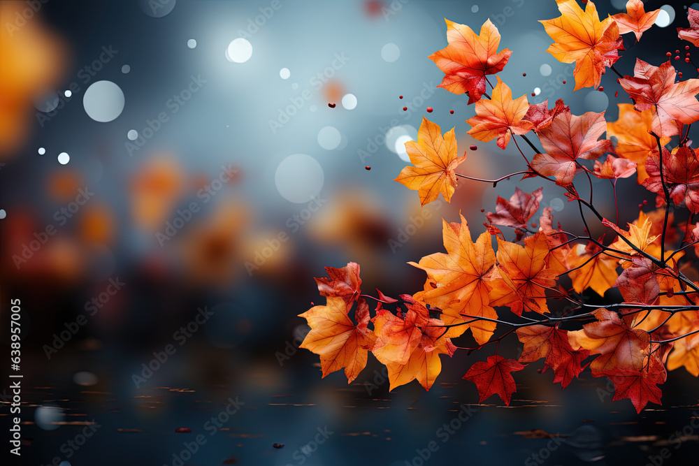 Wall mural autumn leaves and sunlight background with copy space for text: red and yellow maple leaves with sof