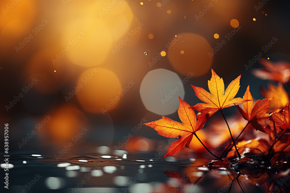 Wall mural autumn leaves and sunlight background with copy space for text: red and yellow maple leaves with sof