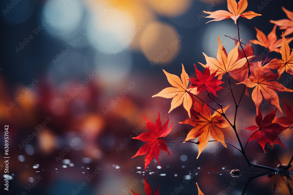 Wall mural autumn leaves and sunlight background with copy space for text: red and yellow maple leaves with sof
