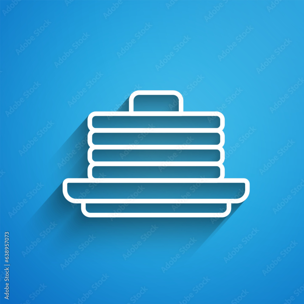 Poster white line stack of pancakes icon isolated on blue background. baking with syrup and cherry. breakfa