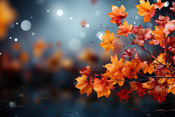 Autumn leaves and sunlight background with copy space for text: Red and yellow maple leaves with soft focus light and bokeh background.