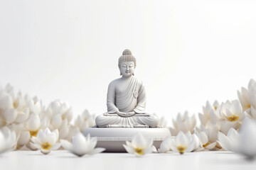 Buddha figurine among white lotus flowers in 3d style on a white background. Concept of zen and calmness. Atmosphere of meditation and harmony. Copy space