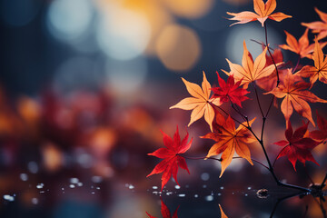 Naklejka na ściany i meble Autumn leaves and sunlight background with copy space for text: Red and yellow maple leaves with soft focus light and bokeh background.