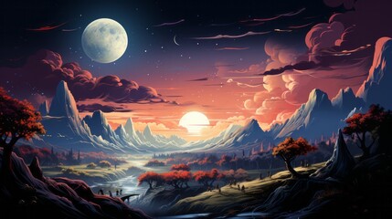 The glimmering moonlight illuminates the majestic mountains, lush trees, and tranquil river, creating a breathtakingly beautiful landscape that captures the beauty and grandeur of nature