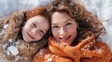 Mother and daughter lie in the snow. Generative AI
