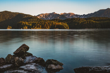 lake at dawn with long exposure