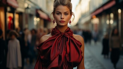 A vibrant young woman stands confidently in the sunshine, exuding poise and style in her bold red dress that radiates with fashionable flair