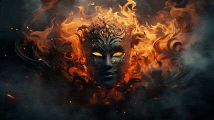 A fiery mask illuminates the night, setting the scene ablaze with its blazing beauty - obrazy, fototapety, plakaty
