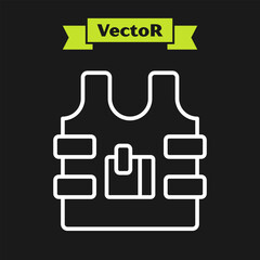 White line Bulletproof vest for protection from bullets icon isolated on black background. Body armor sign. Military clothing. Vector