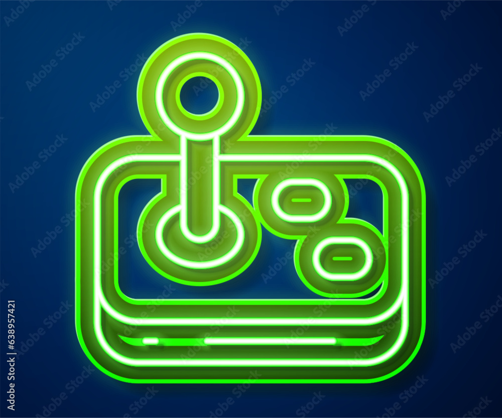 Poster glowing neon line joystick for arcade machine icon isolated on blue background. joystick gamepad. ve