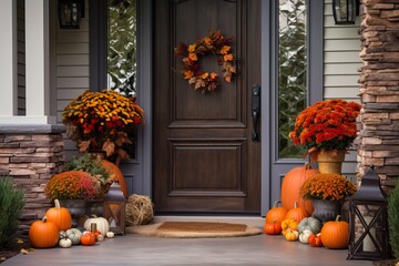 Seasonal Welcome: Front Door with Decorative Pumpkins