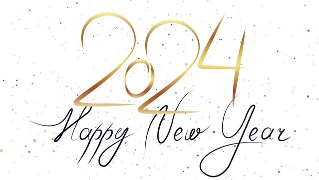 On an abstract white background with many polka dots, written with metallic gold the year 2024. With thin black font written happy new year.Festive illustration.3d animation.Holiday