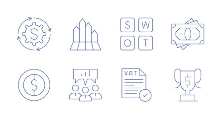 Business icons. editable stroke. Containing gear, infographic, swot analysis, money, coin, meeting, vat, reward.