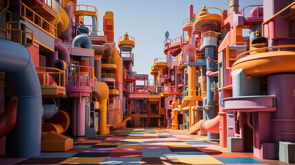 Fototapeta premium A vibrant cityscape with geometric shapes, a kaleidoscope of color and energy, embracing the warmth of the sun and the energy of the street