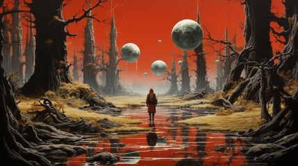 This surreal painting captures a man standing amidst a dreamlike swamp, surrounded by hauntingly beautiful trees and planets, conveying a mysterious and ethereal atmosphere