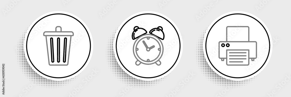 Poster Set line Printer, Trash can and Alarm clock icon. Vector