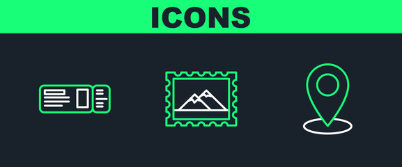 Set line Map pin, Travel ticket and Postal stamp and Mountains icon. Vector