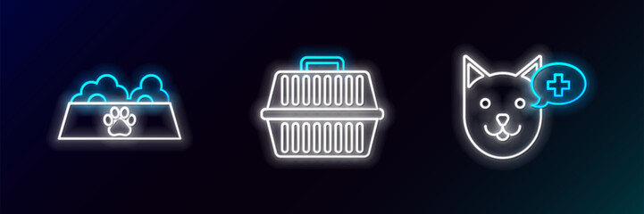 Set line Veterinary clinic symbol, Pet food bowl for cat or dog and carry case icon. Glowing neon. Vector