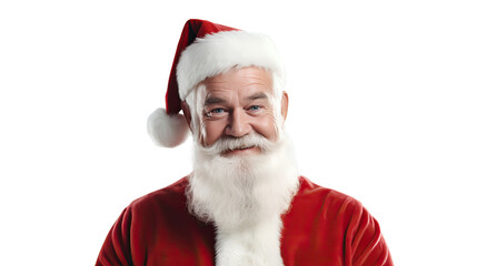 portrait of a smiling  santa claus, old man wearing a Santa suit and a big white beard, white background, AI