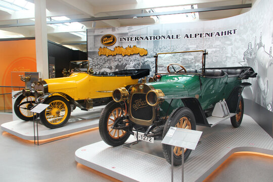 Zwickau, Germany - August 20, 2023: Horch 12/28 HP Type K and Audi 10/28 HP Type B Phaeton, 1911, the early car models produced by Horch in in August Horch museum in Zwickau.