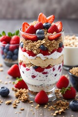 Yoghurt Parfait with strawberries, blueberries, raspberries and Granola