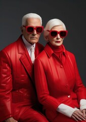 Creative portrait of an elderly cheerful married couple in bright red outfits.